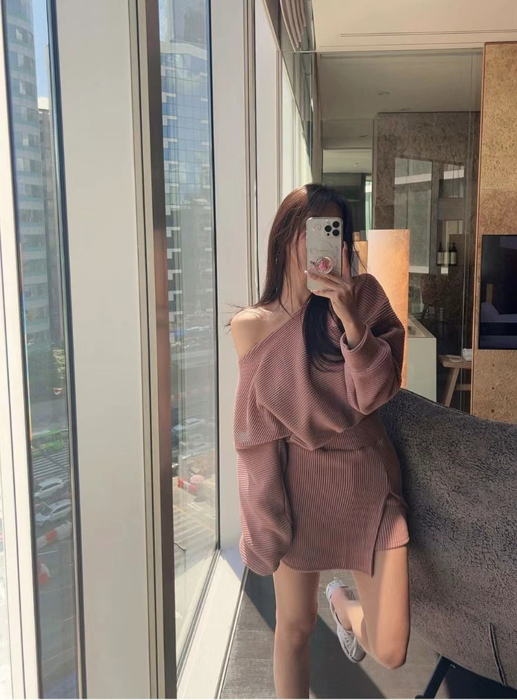(現)坑紋美肩修身休閒裙褲套裝
