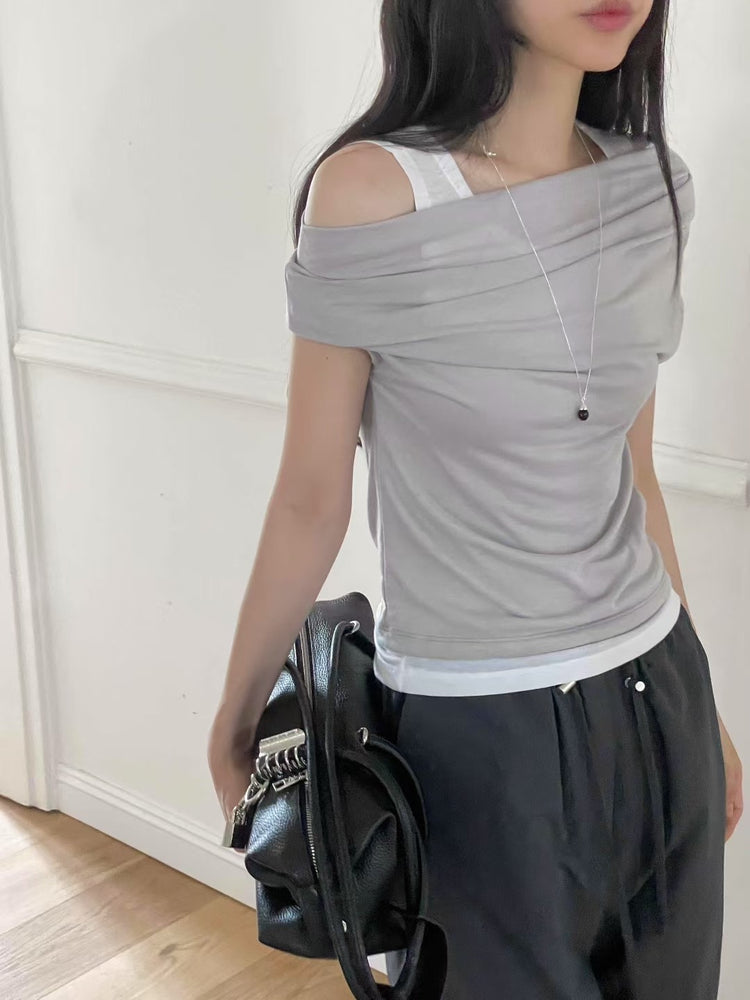 微透美肩兩件式上衣