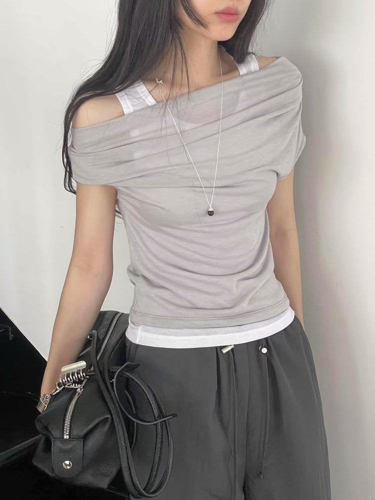 微透美肩兩件式上衣