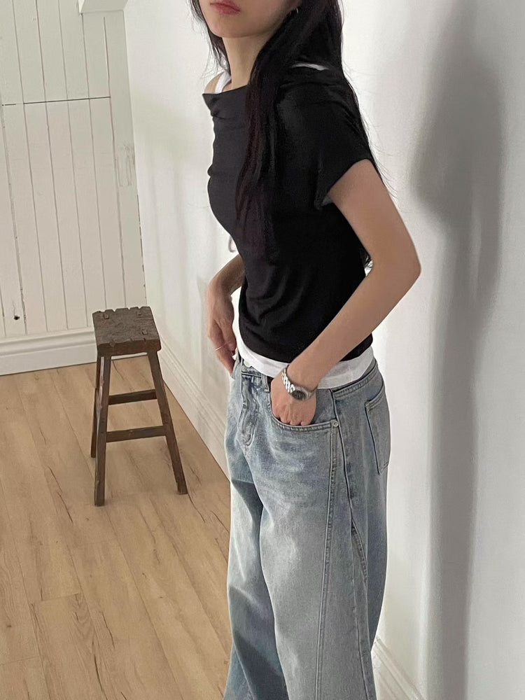 微透美肩兩件式上衣