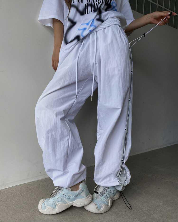 UNISEX 撞色側綁帶細節工裝褲