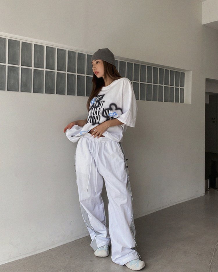 UNISEX 撞色側綁帶細節工裝褲