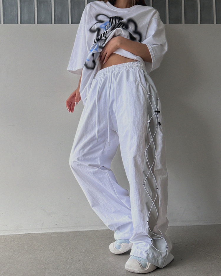 UNISEX 撞色側綁帶細節工裝褲