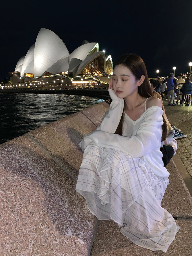 高質仙氣格紋交疊細節連身裙