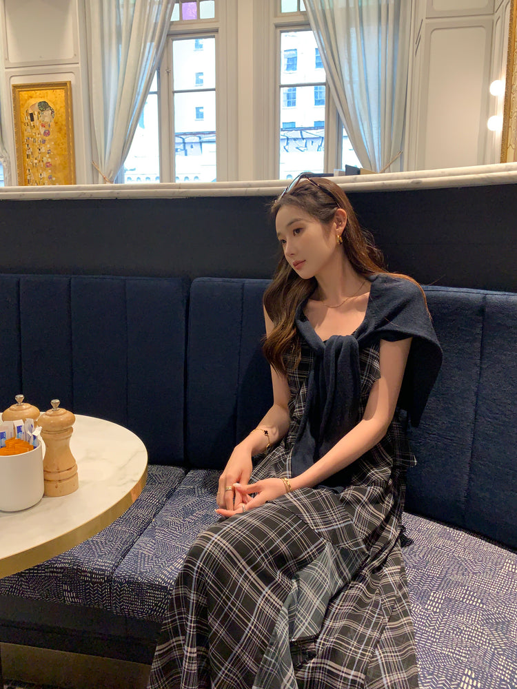 高質仙氣格紋交疊細節連身裙