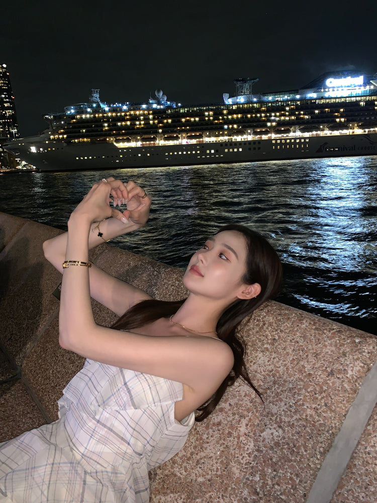 高質仙氣格紋交疊細節連身裙