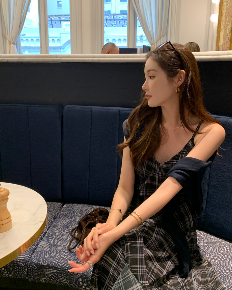 高質仙氣格紋交疊細節連身裙