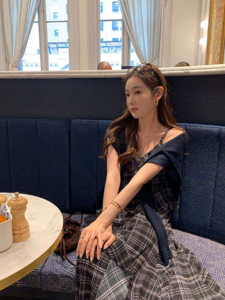 高質仙氣格紋交疊細節連身裙