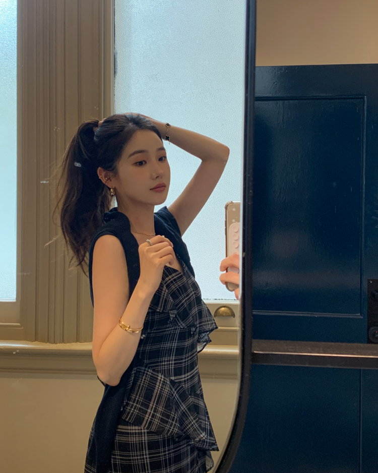 高質仙氣格紋交疊細節連身裙