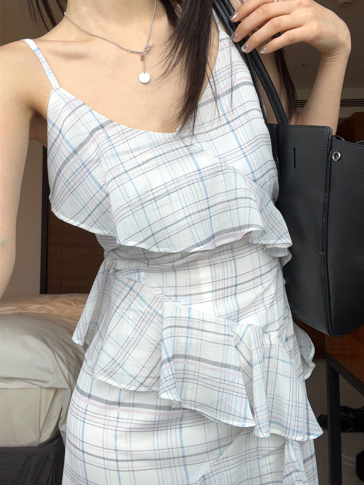 高質仙氣格紋交疊細節連身裙