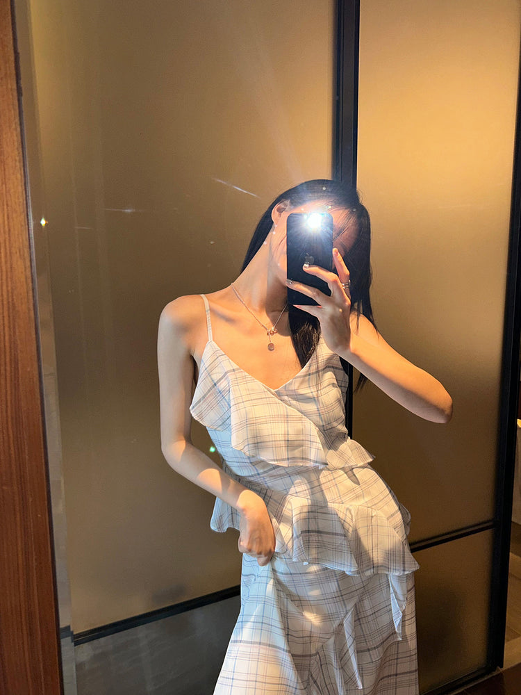 高質仙氣格紋交疊細節連身裙