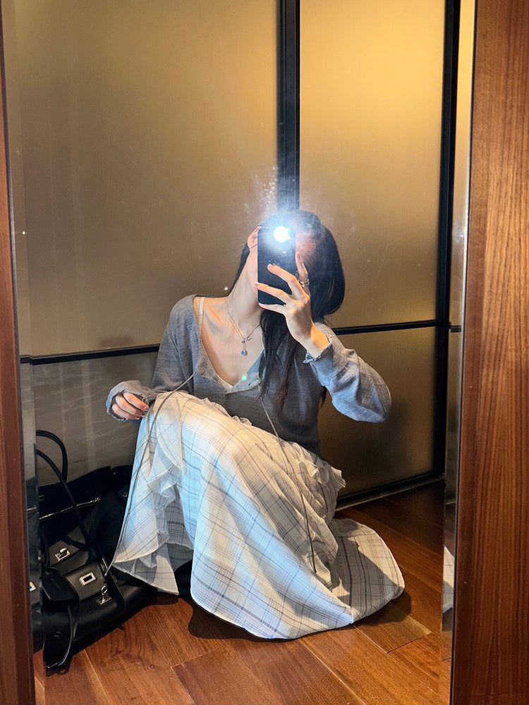 高質仙氣格紋交疊細節連身裙