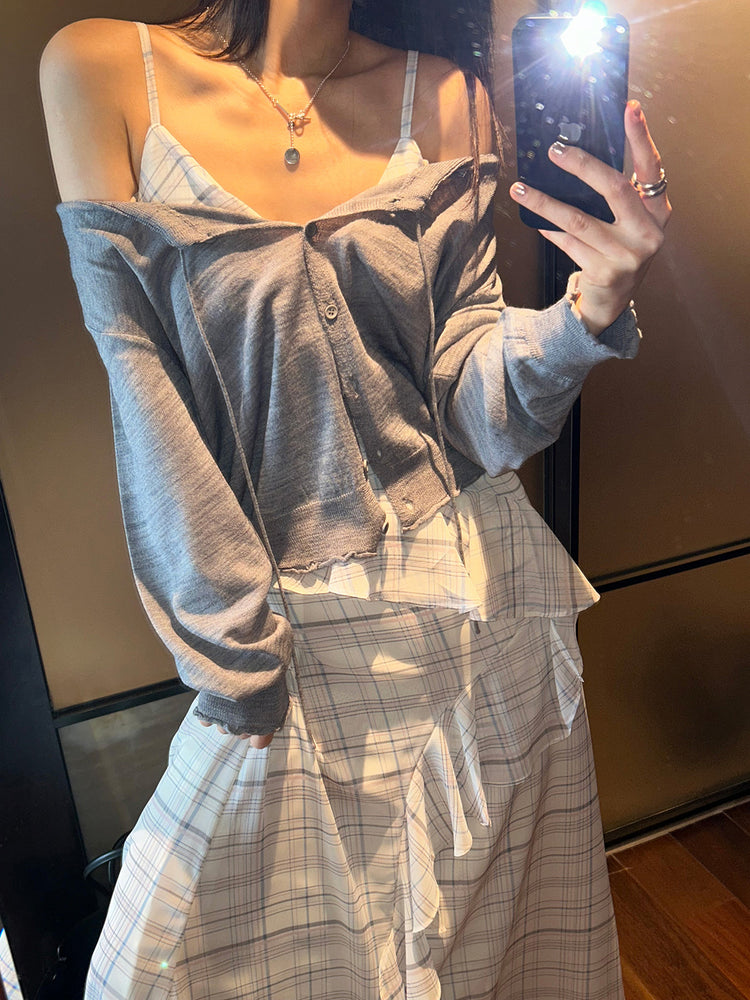 高質仙氣格紋交疊細節連身裙