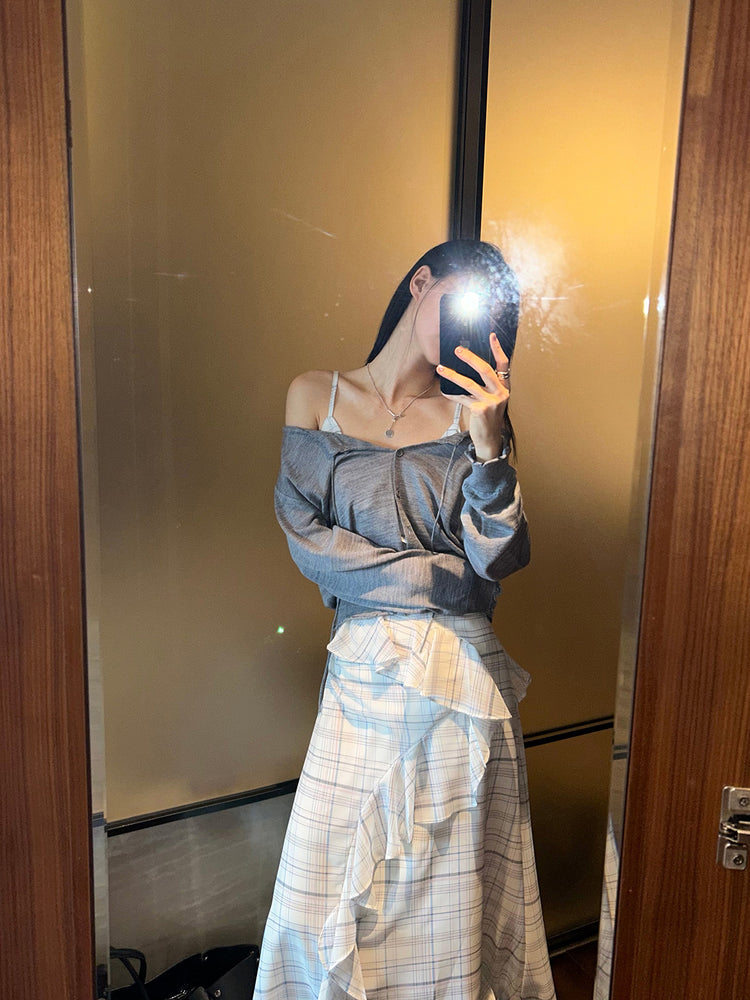 高質仙氣格紋交疊細節連身裙