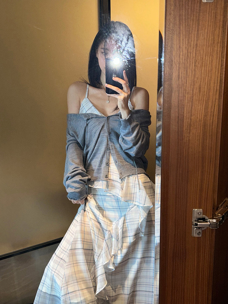 高質仙氣格紋交疊細節連身裙