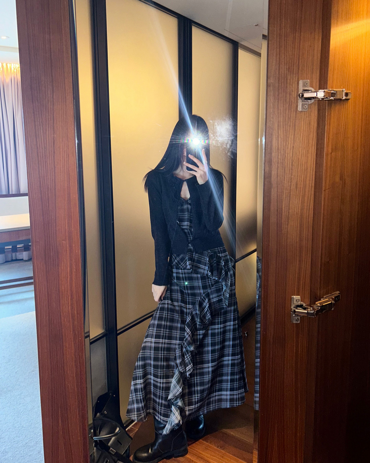 高質仙氣格紋交疊細節連身裙