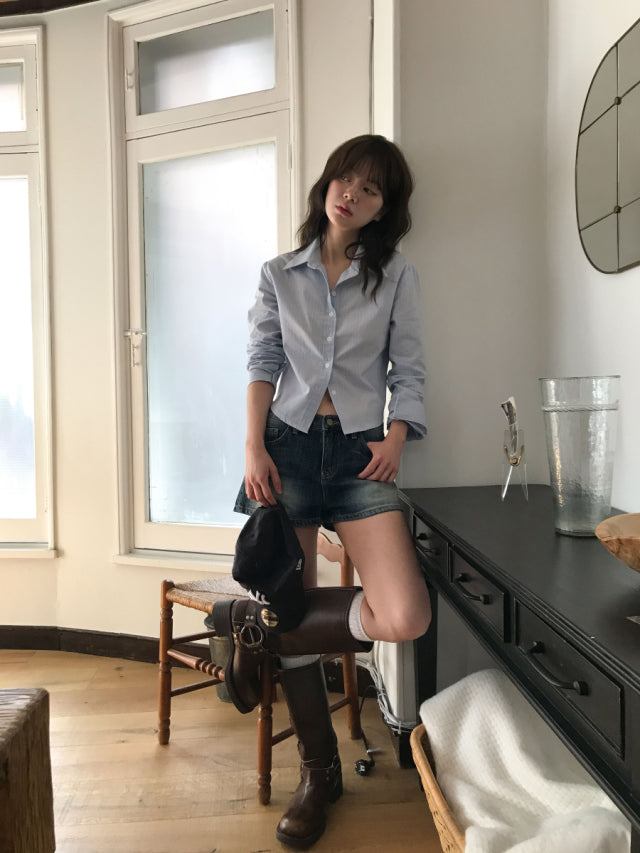 撞色條紋修腰襯衫