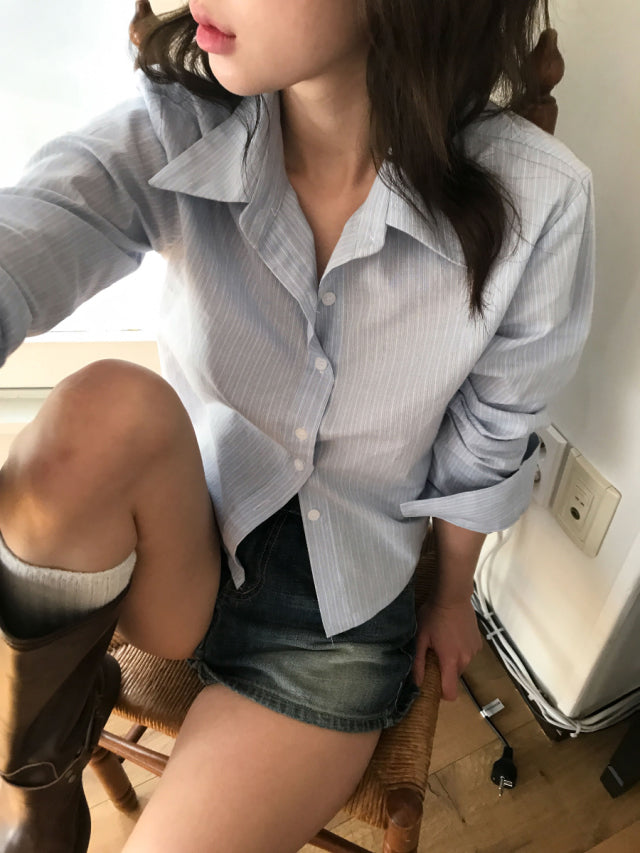 撞色條紋修腰襯衫