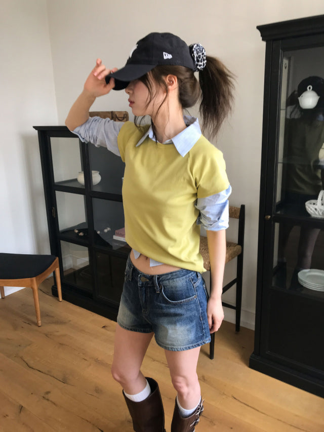 撞色條紋修腰襯衫