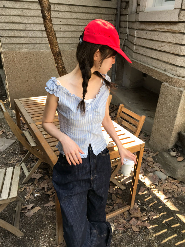 美肩荷葉邊條紋細節上衣