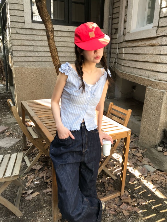 美肩荷葉邊條紋細節上衣