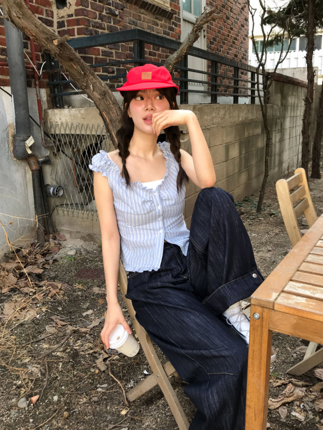 美肩荷葉邊條紋細節上衣