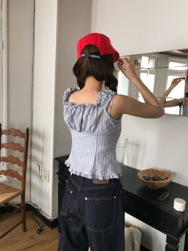 美肩荷葉邊條紋細節上衣