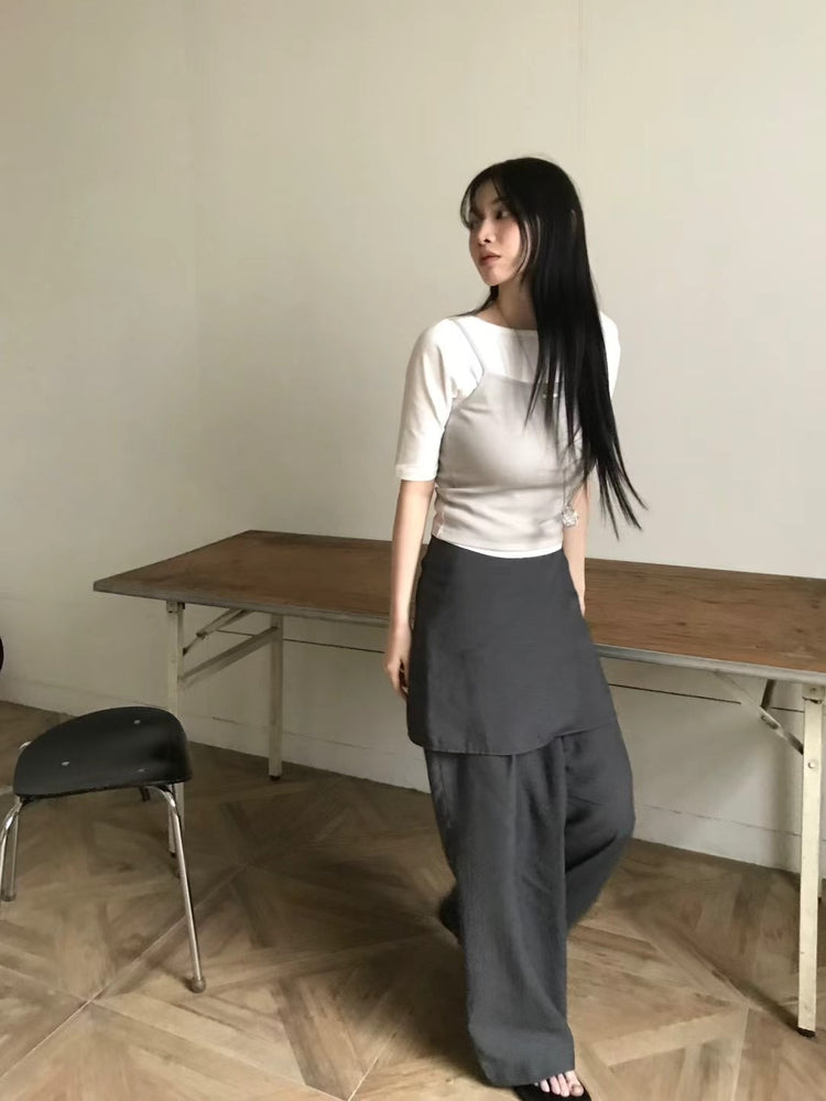 U領金屬扣細節兩穿五分袖上衣