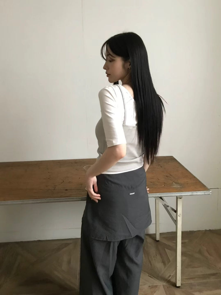 U領金屬扣細節兩穿五分袖上衣