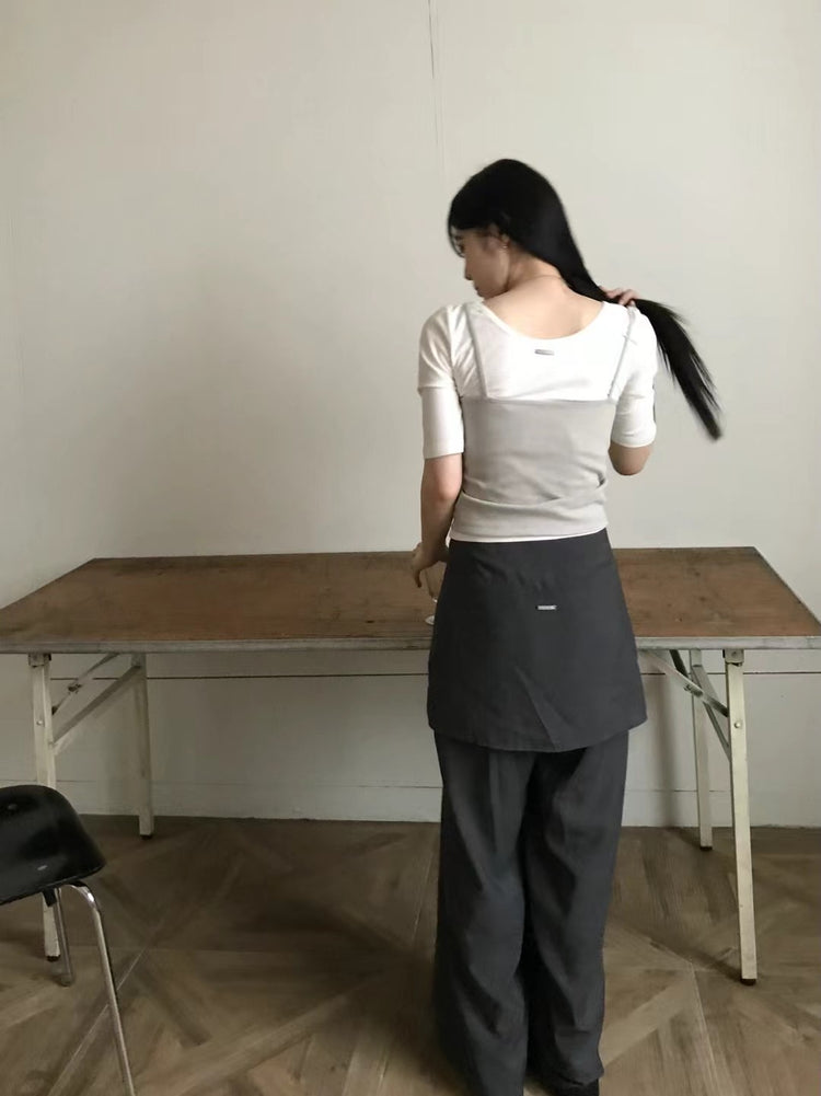 U領金屬扣細節兩穿五分袖上衣