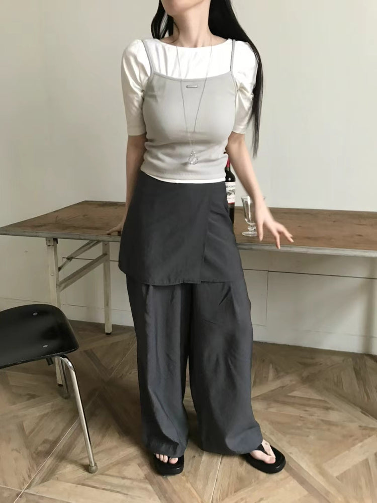 U領金屬扣細節兩穿五分袖上衣