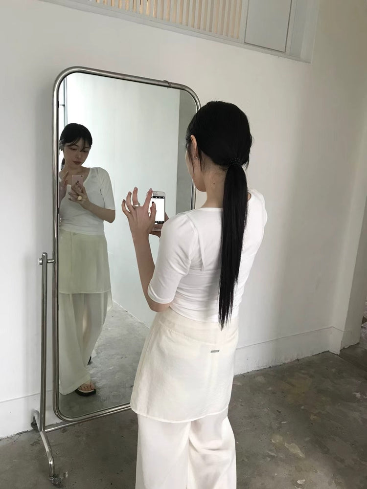 U領金屬扣細節兩穿五分袖上衣