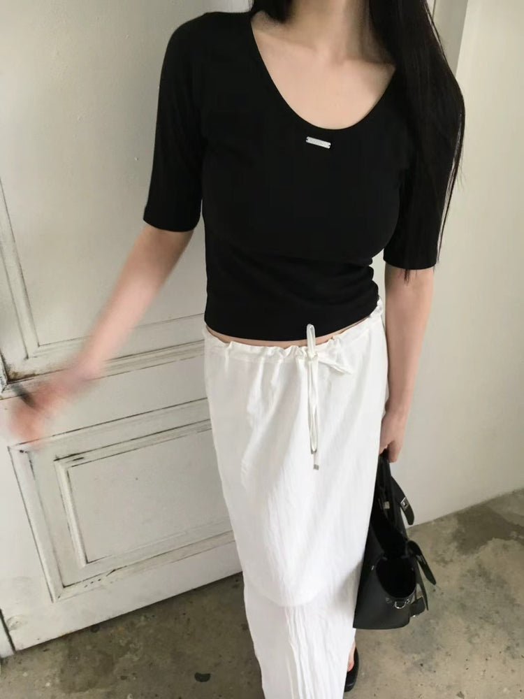 U領金屬扣細節兩穿五分袖上衣