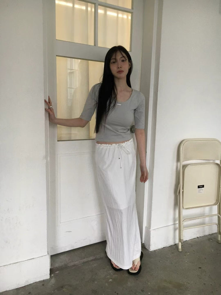 U領金屬扣細節兩穿五分袖上衣