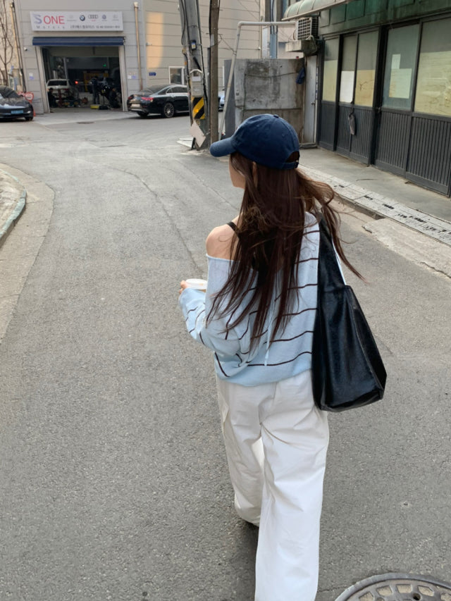 透膚條紋綁帶細節針織衫
