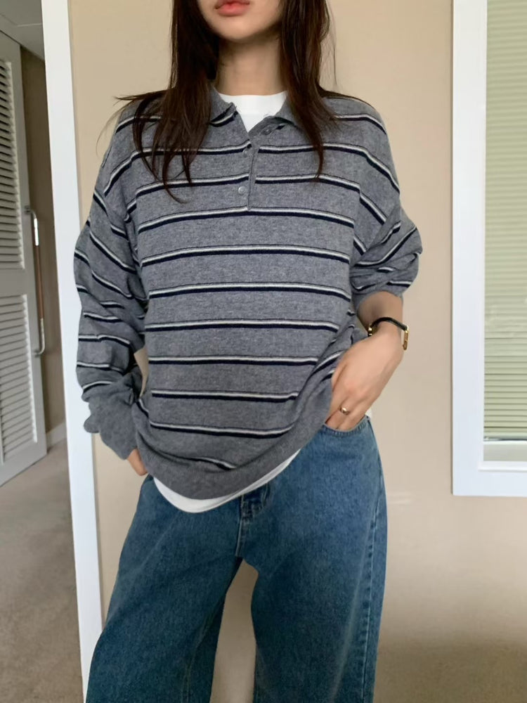 美色翻領撞色條紋針織上衣