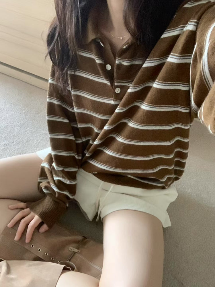 美色翻領撞色條紋針織上衣