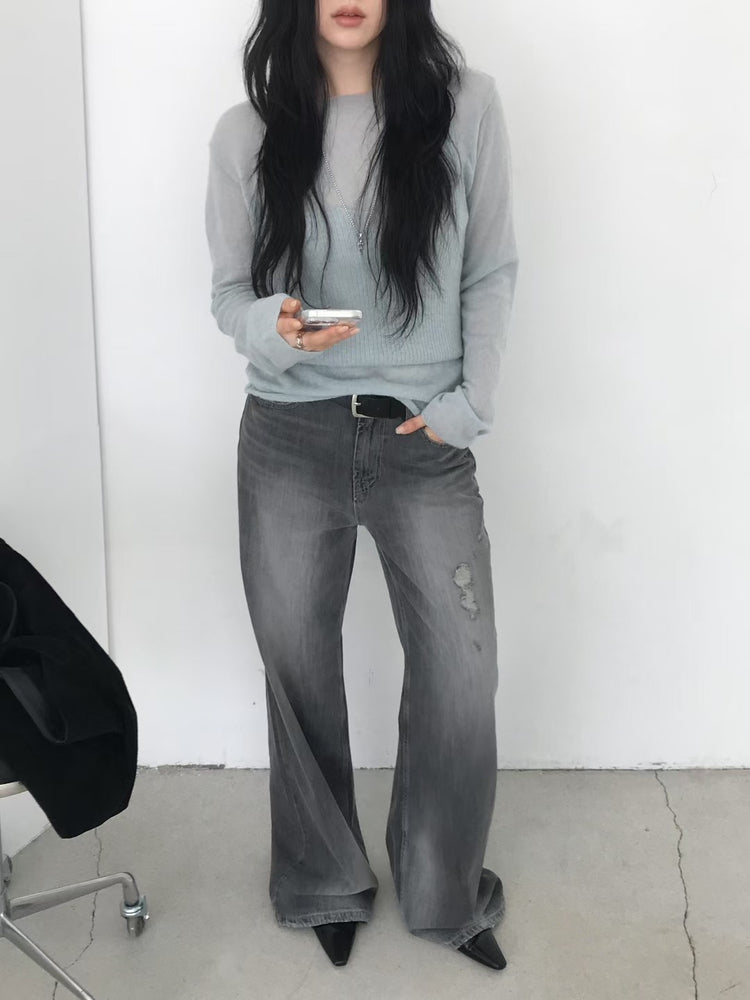 美刷色破壞感細節軟牛仔褲