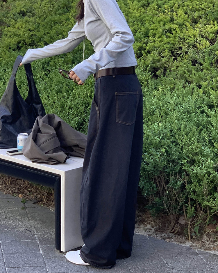 中壓明線繭型闊腿牛仔褲