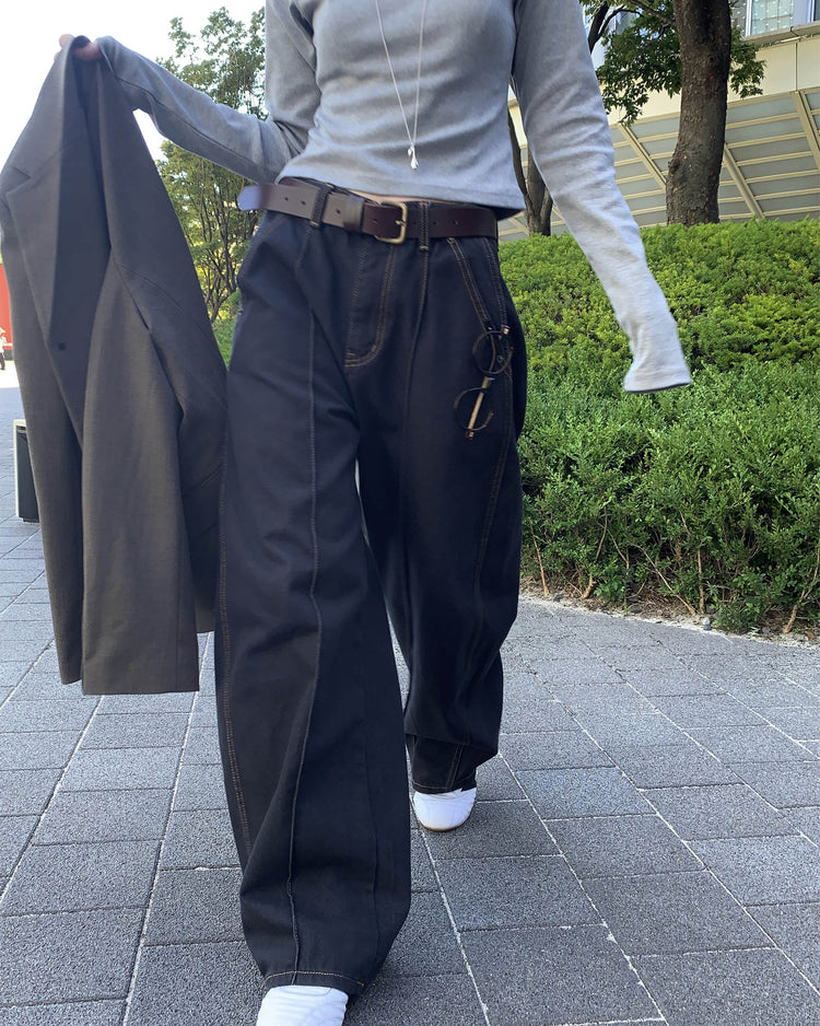 中壓明線繭型闊腿牛仔褲
