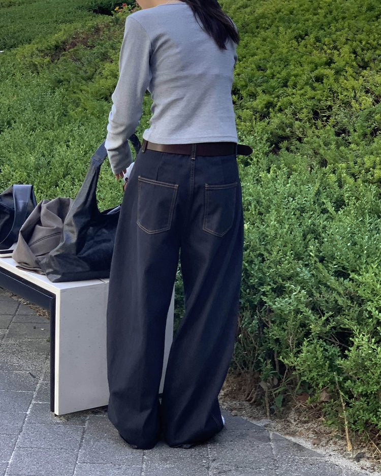 中壓明線繭型闊腿牛仔褲