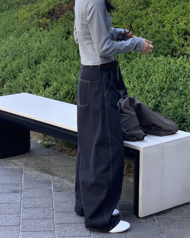 中壓明線繭型闊腿牛仔褲