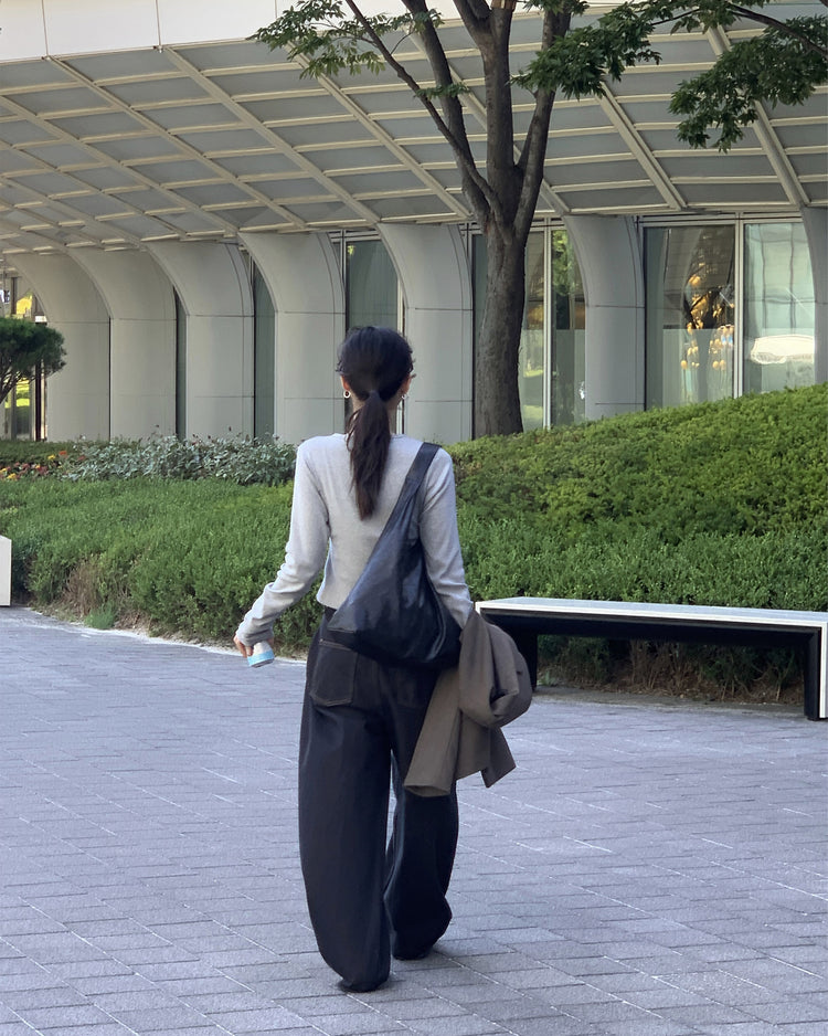 中壓明線繭型闊腿牛仔褲
