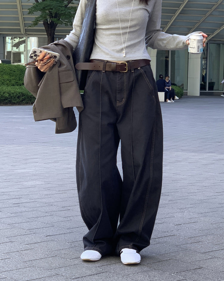 中壓明線繭型闊腿牛仔褲