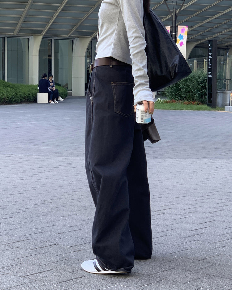 中壓明線繭型闊腿牛仔褲