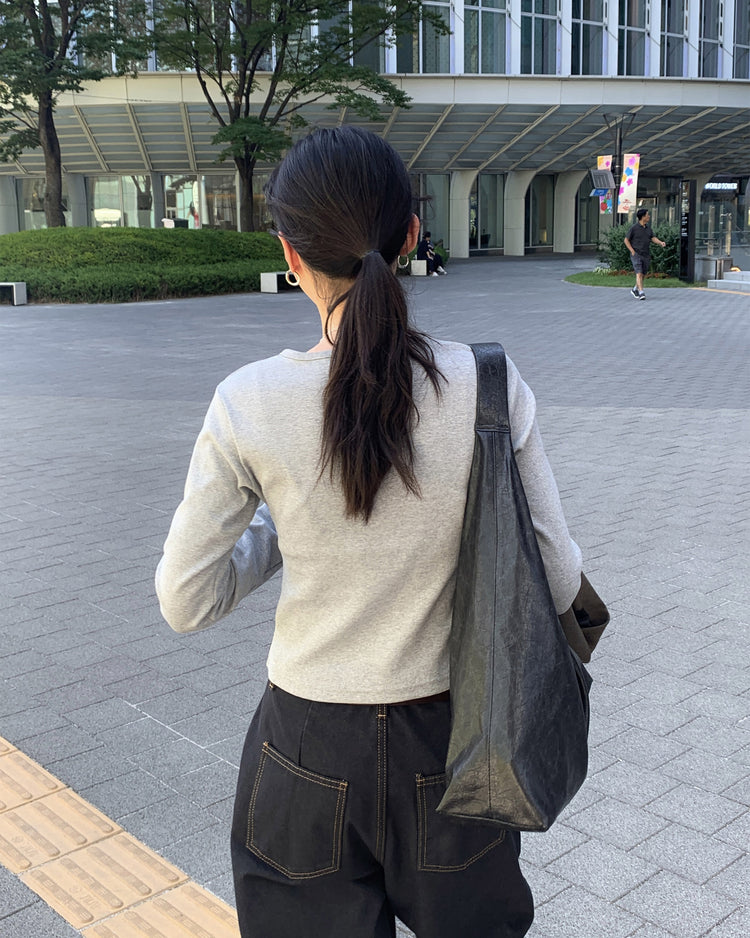 中壓明線繭型闊腿牛仔褲