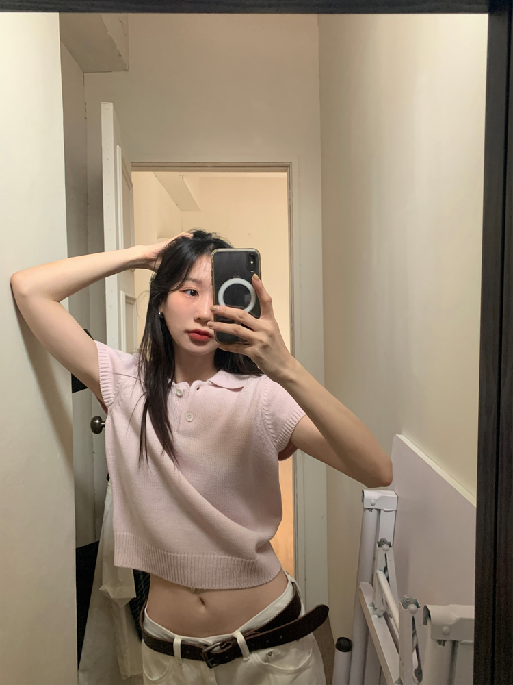 美色翻領修腰針織上衣
