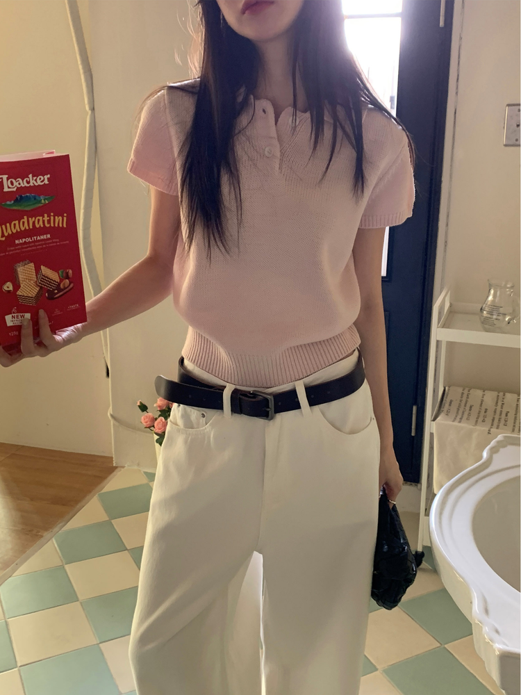 美色翻領修腰針織上衣
