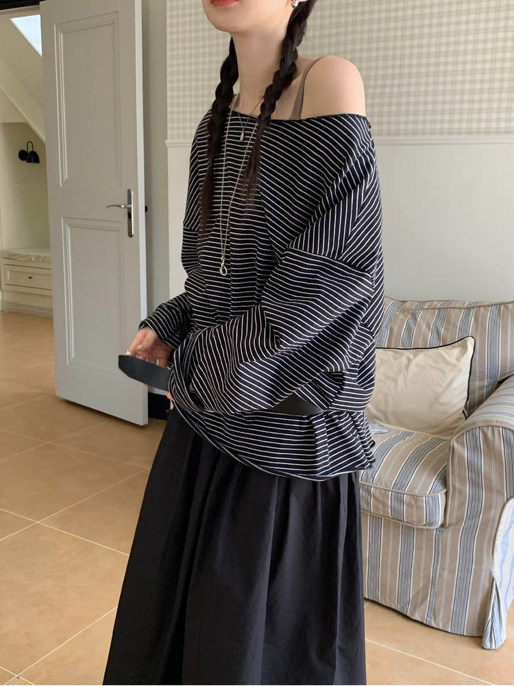 美肩撞色條紋寬鬆上衣