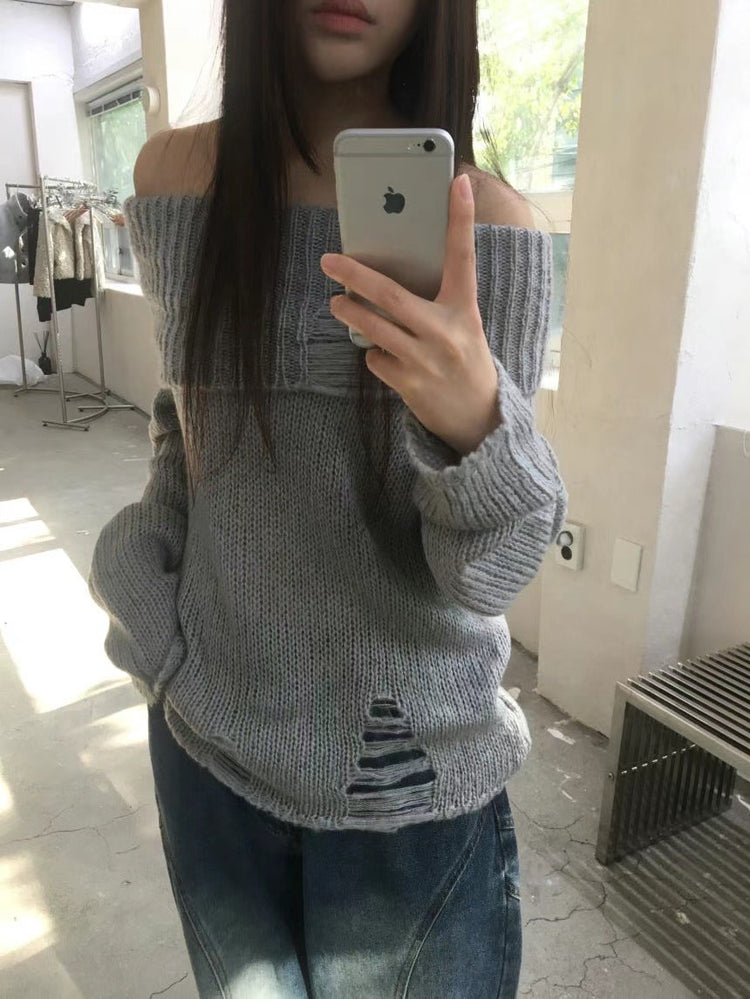 (現)露肩破壞感束口細節針織上衣
